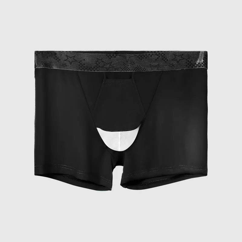 Men's ice silk nylon boyshorts underwear in black, shown laid flat.