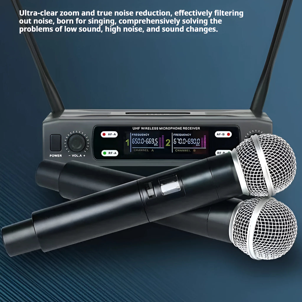 Black VHF one-to-two wireless karaoke microphone system with two handheld mics and regulator