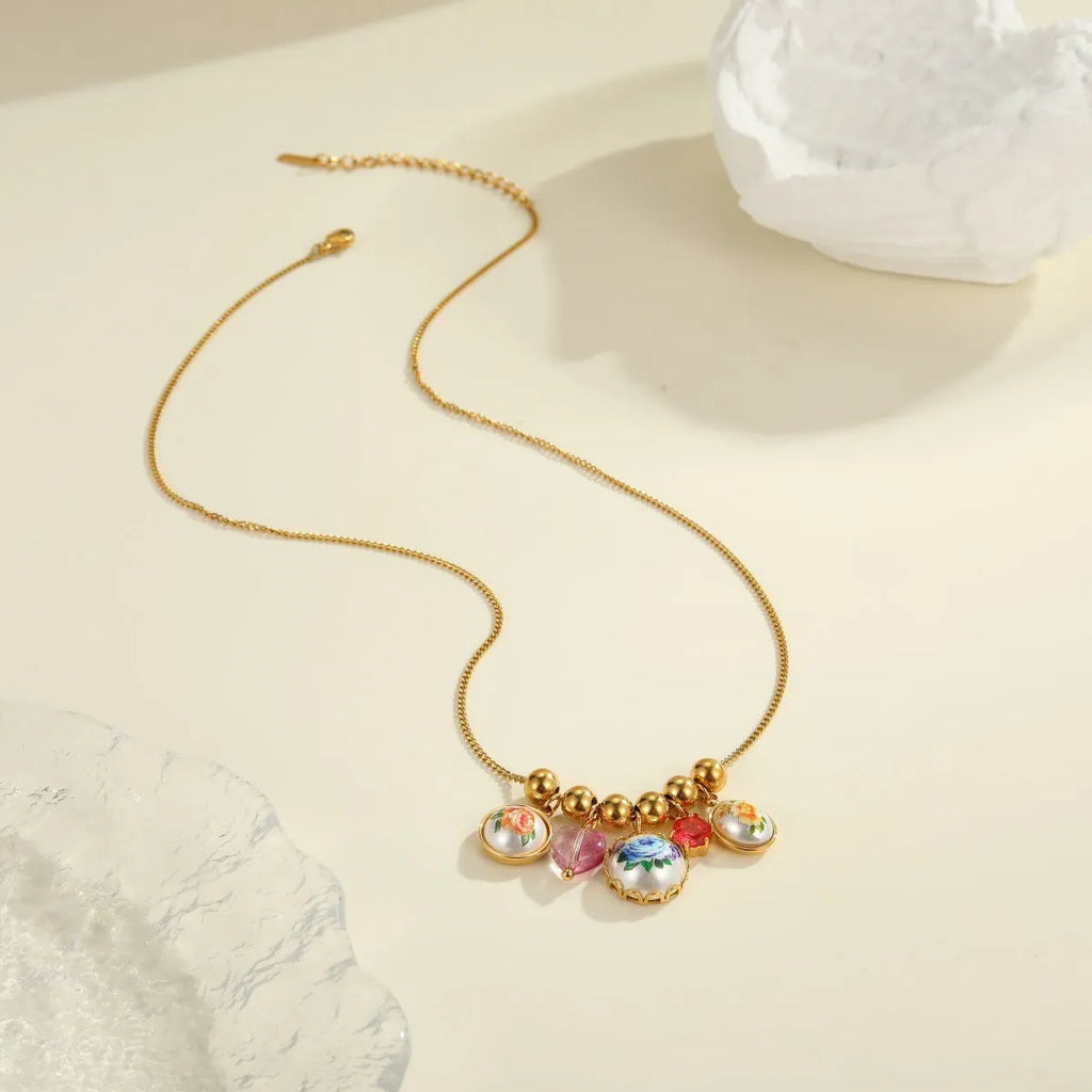 Vintage sunflower flower pendant stainless steel necklace with 18K gold electroplated finish for women