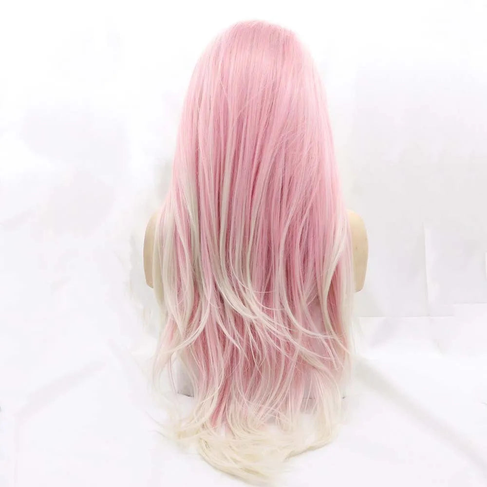 Pink gradient big wave fluffy synthetic fashion wig for ladies on a stand.