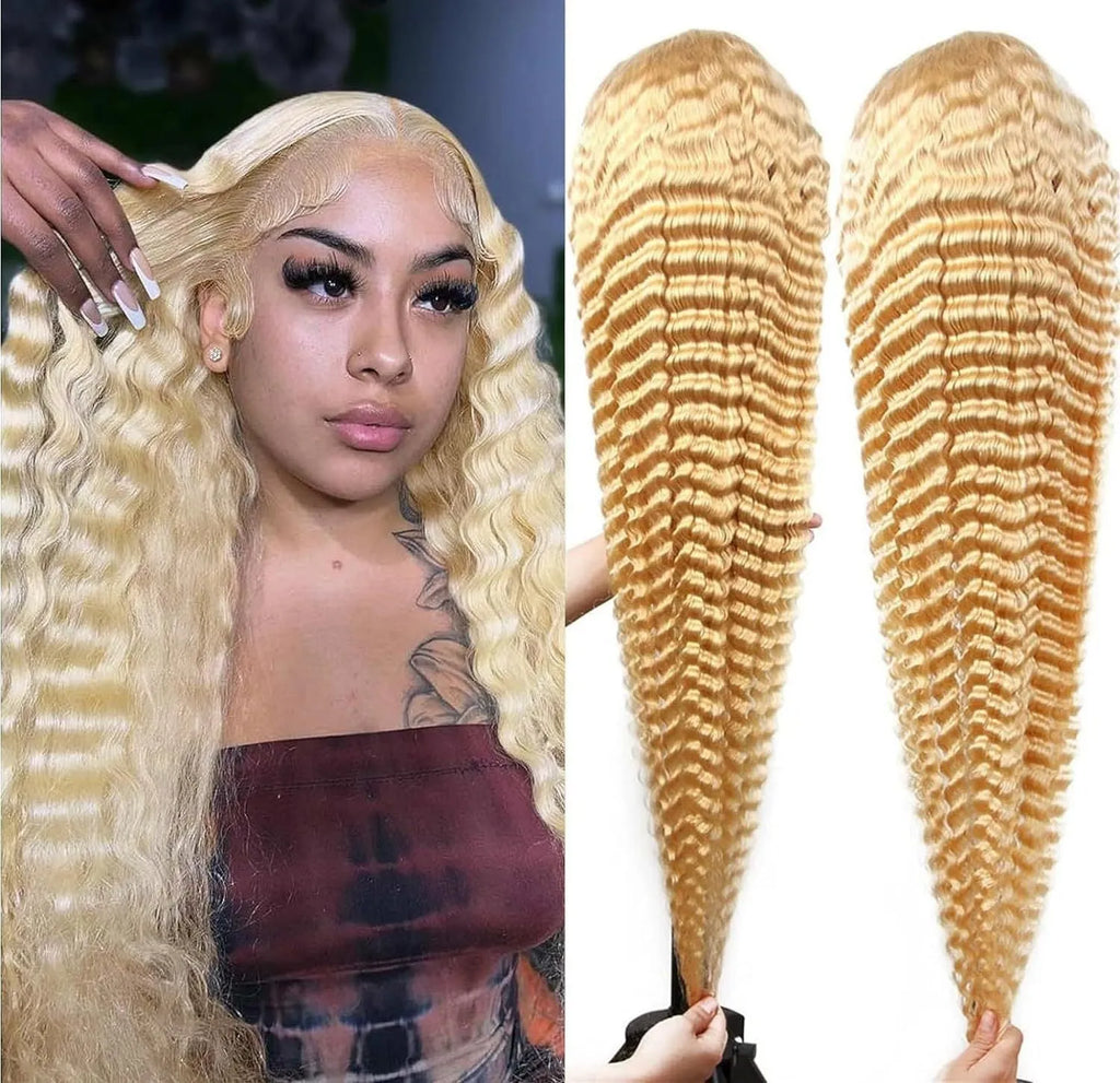 Gold front lace synthetic wig with medium and long curly hair for ladies, high temperature fibre, natural style