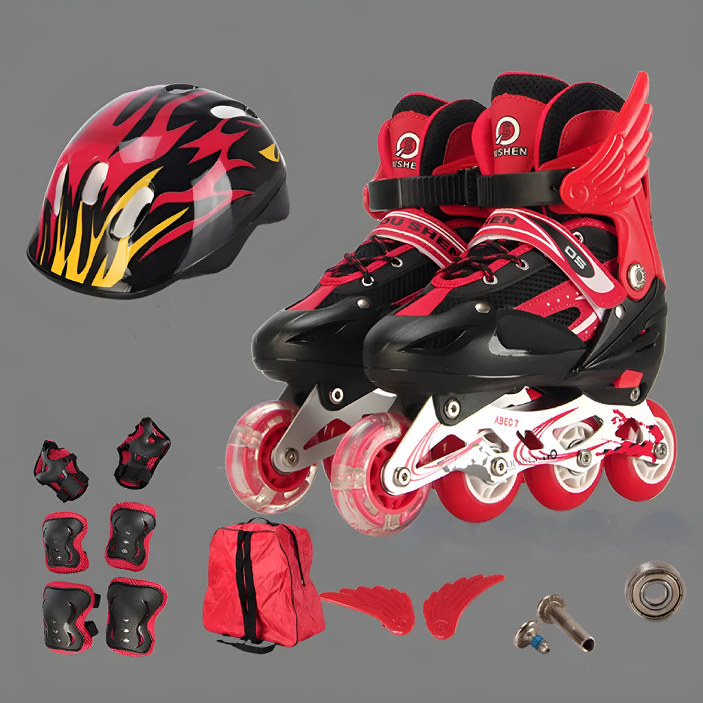 Children's adjustable roller skates in five colours with protective gear set including helmet and pads