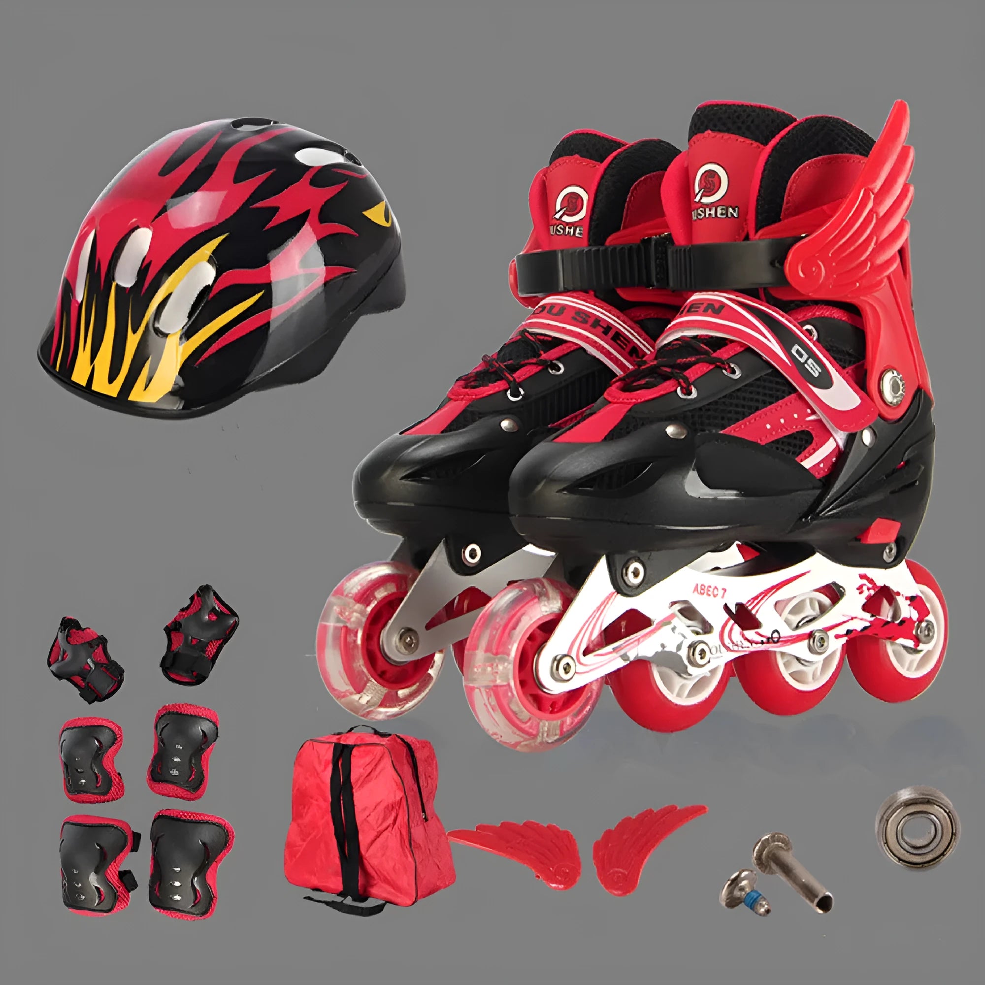 Children's adjustable roller skates in five colours with protective gear set including helmet and pads