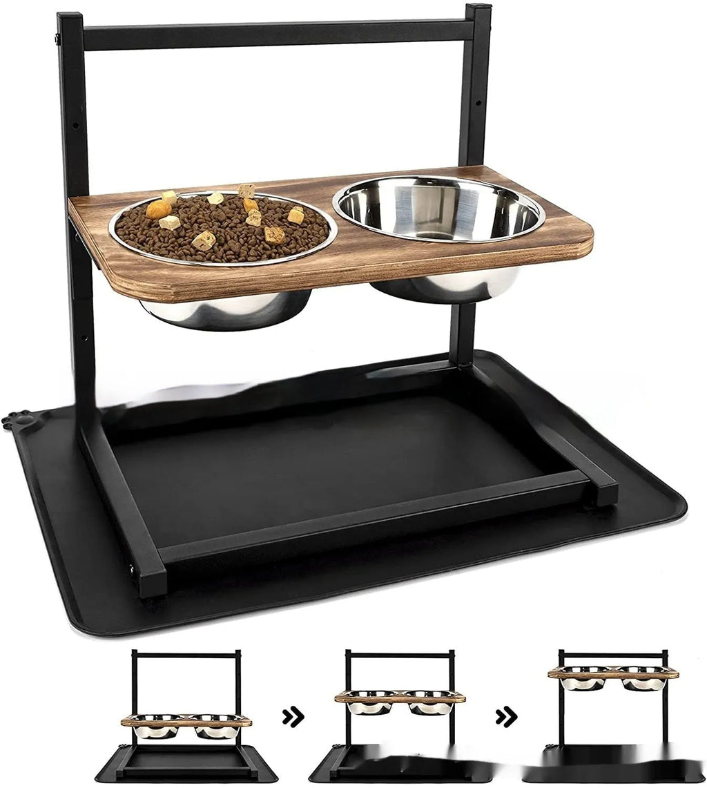 Black iron dog bowl stand with adjustable slots for large breed feeding.