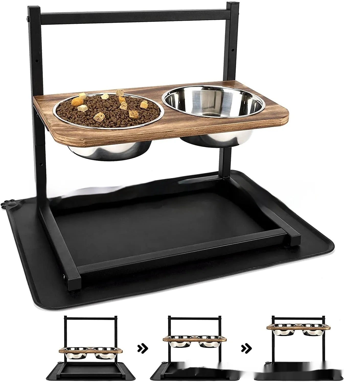Black iron dog bowl stand with adjustable slots for large breed feeding.