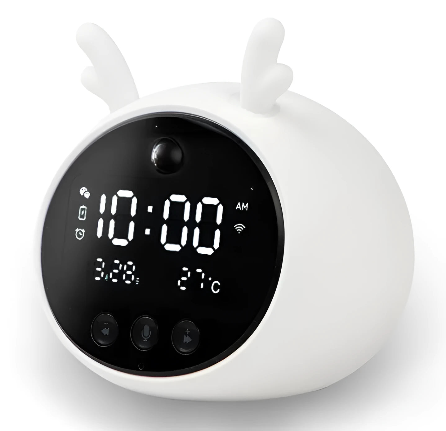 Smart alarm clock with voice dialogue and motion sensor in animal design with luminous display