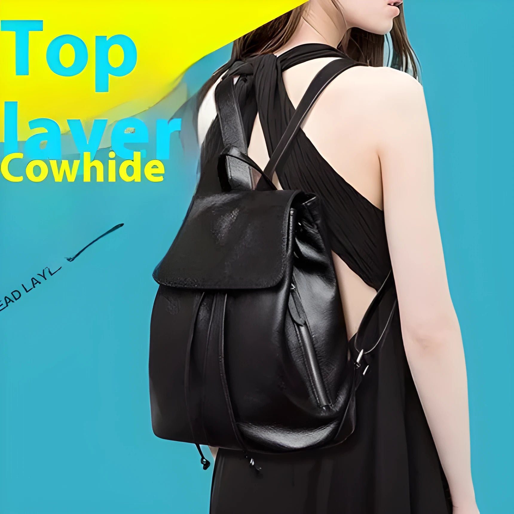 Black genuine leather women's backpack with street trend style and multiple internal pockets.
