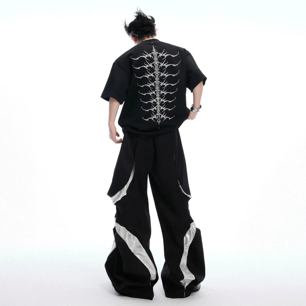 Men's snake pupil backbone embroidered heavy rivet short sleeve pure cotton T-shirt in cool black, loose fit pullover style