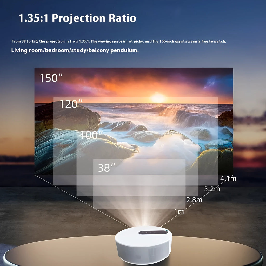 White HD projector with remote control on stand showing 720p resolution display