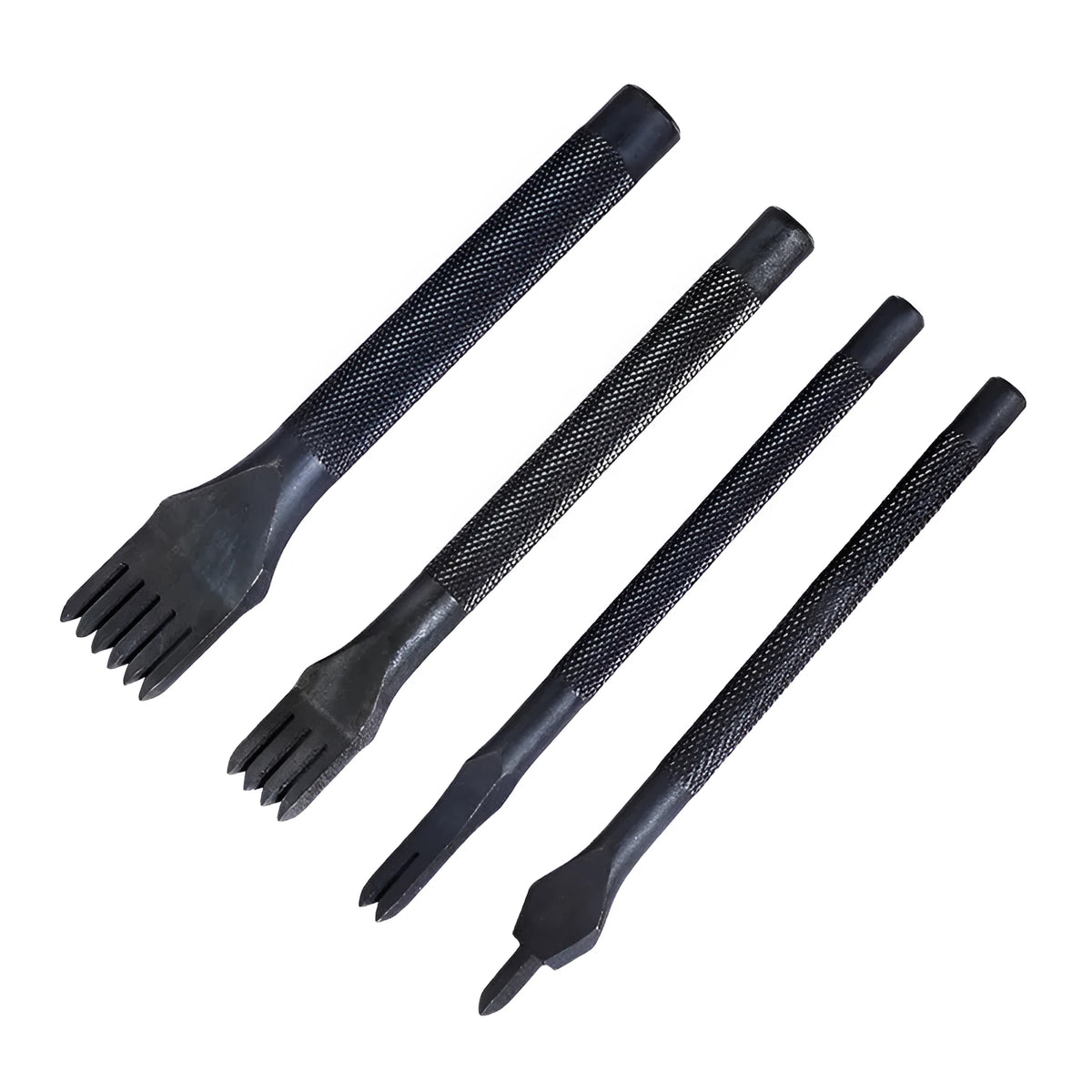 Black leather punch tool with diamond teeth, 3mm pitch, on a workbench