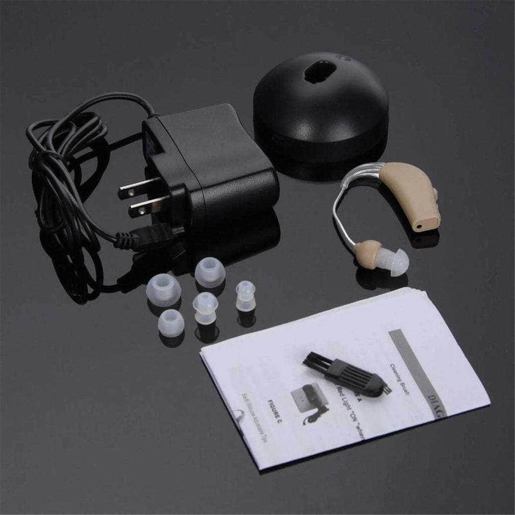 Rechargeable behind-the-ear digital hearing aid amplifier with mini design and plastic housing.