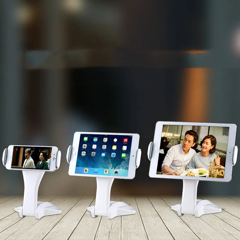 White adjustable tablet lazy support rack showing clip width adjustment mechanism