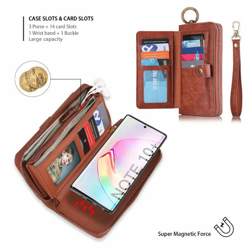 Black PU leather mobile phone wallet case with zip closure, shown next to cards for Samsung and iPhone models.