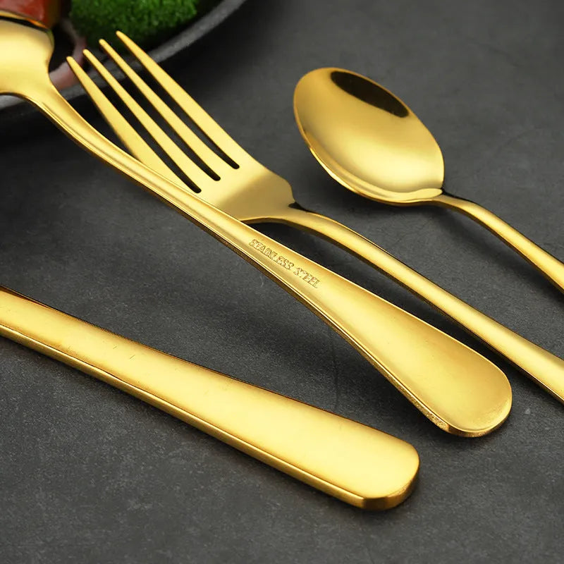 24 piece stainless steel cutlery set showing knives, forks and spoons in various colour finishes with one-piece moulding construction