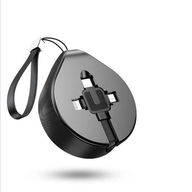 Telescopic three-in-one charging cable extended to show USB-C, Lightning and Micro-USB connectors