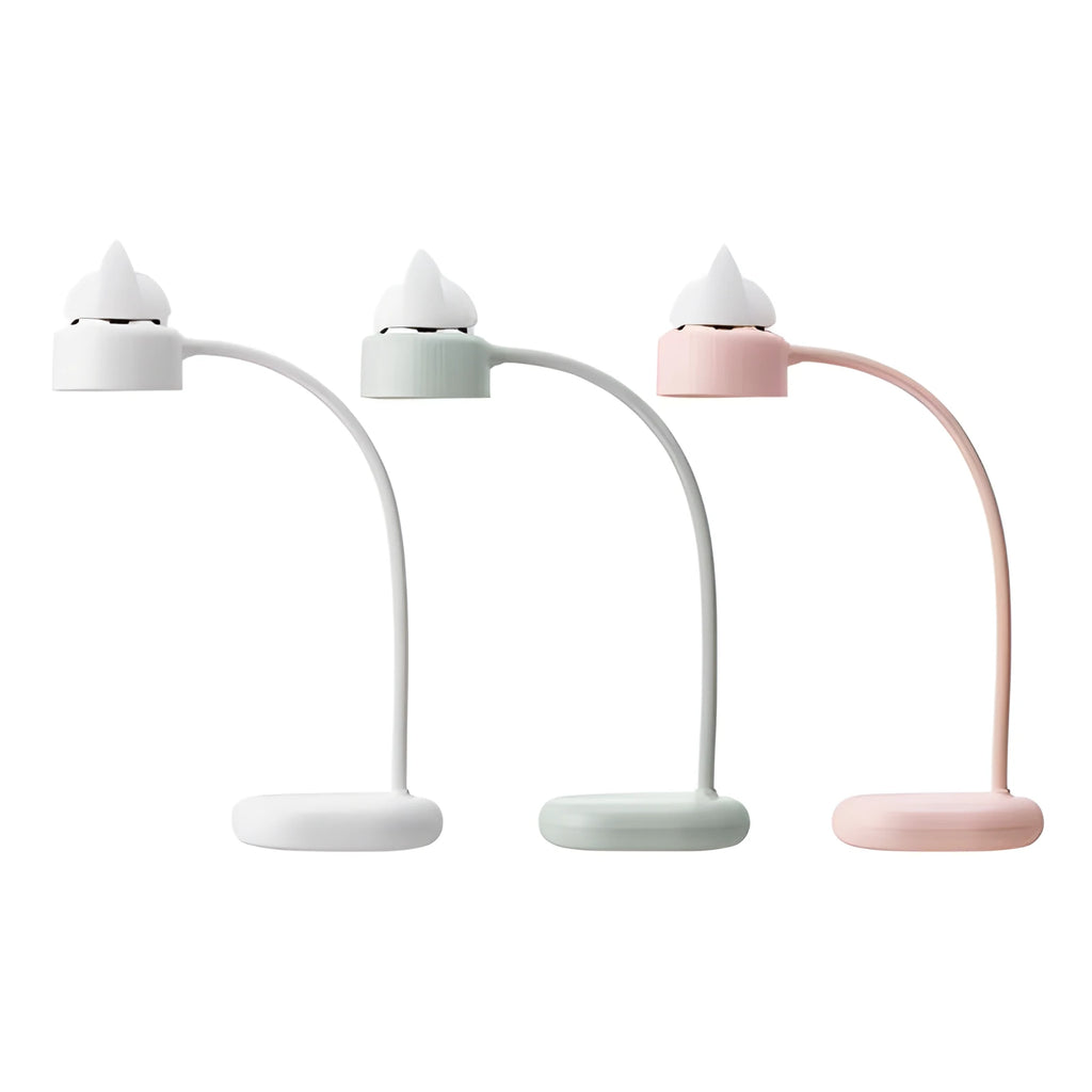 White clip-on LED desk lamp with touch controls and built-in battery attached to desk edge