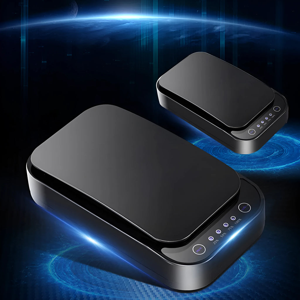 Blue and white portable UV disinfection box for mobile phones with aromatherapy function.