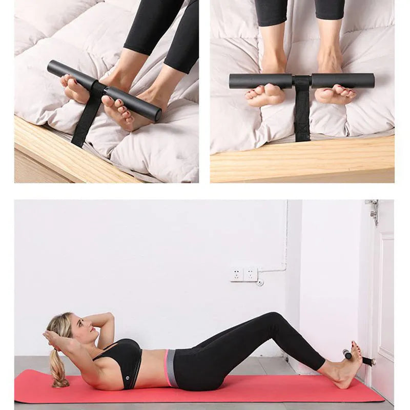 Black abdominal fitness device made from steel foam and PVC tube, 3.1 by 32 by 21.5 centimetres on a flat surface