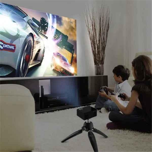 Black USB smart projector with 320x240 resolution and 20W power, front projection, shown with UK EU US AU plug options.