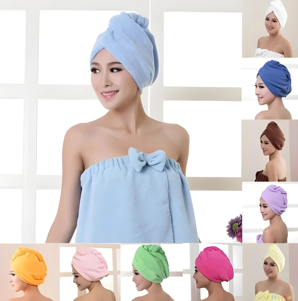 Women's microfiber hair drying cap in a light colour, showing its absorbent fabric and cap shape.