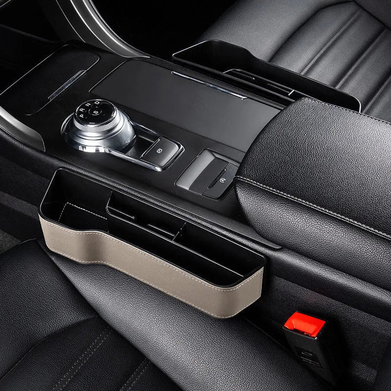 Black leather car seat gap storage box with cup holder and USB cable for driver side
