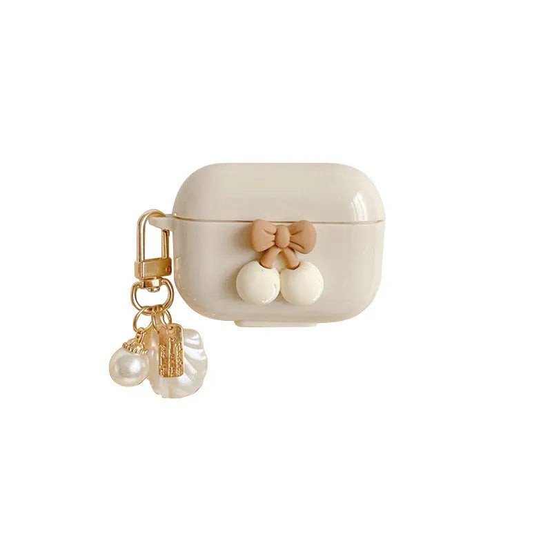 Pearl solid colour TPU earphone sleeve for AirPods with cherry apricot ribbon shell pendant