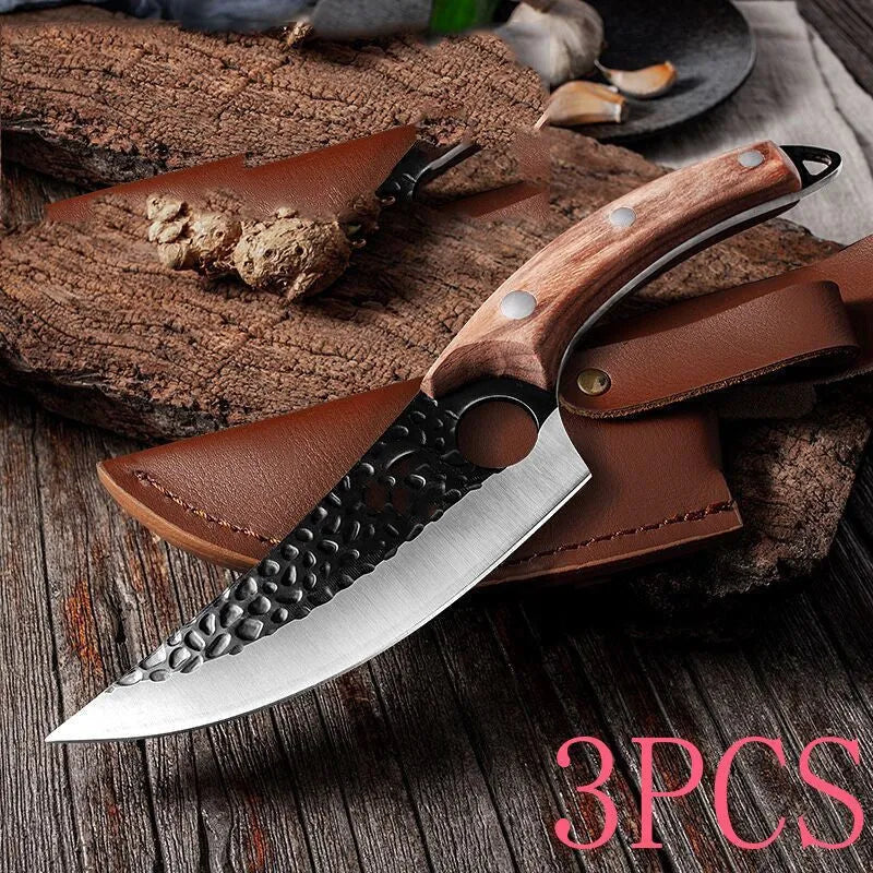 Forged boning knife set with curved scimitar blade and leather sheath on a dark surface.