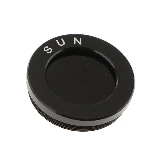Set of six telescope eyepiece colour filters: green, blue, red, yellow, purple, black on white background