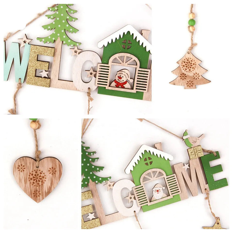 Wooden Christmas ornament set with old man, snowman and elk designs on display