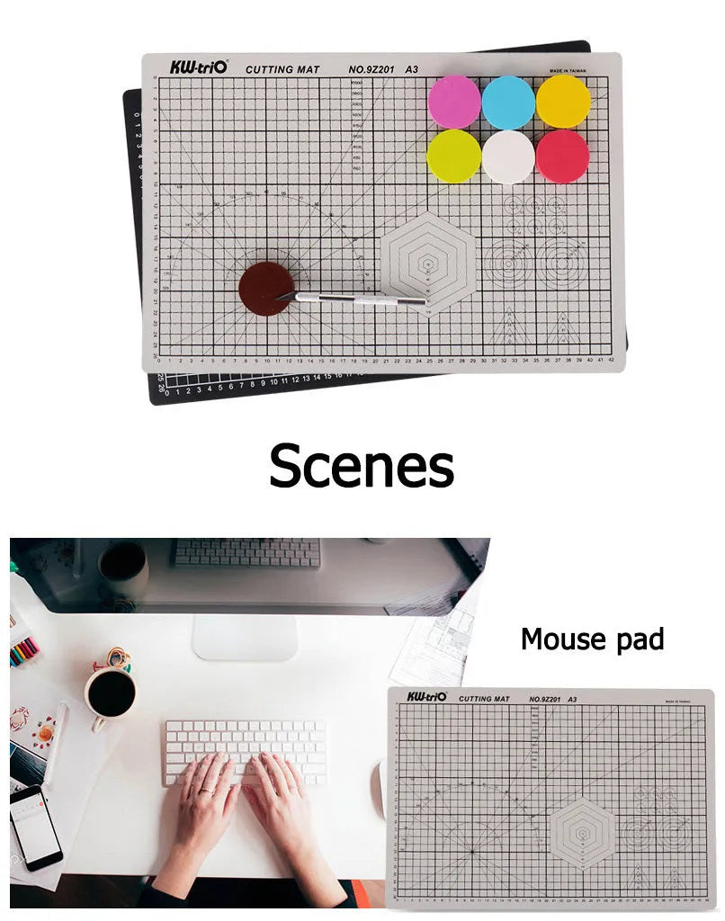 Green A3 self-healing cutting mat with centimetre grid lines, shown on a desk.