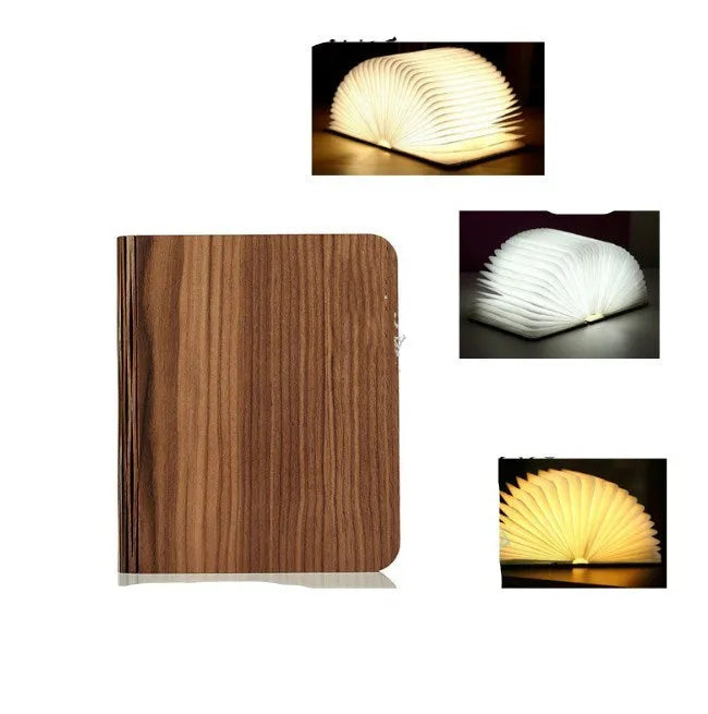 Solid wood book light in three sizes on a desk, showing white and warm white light options.