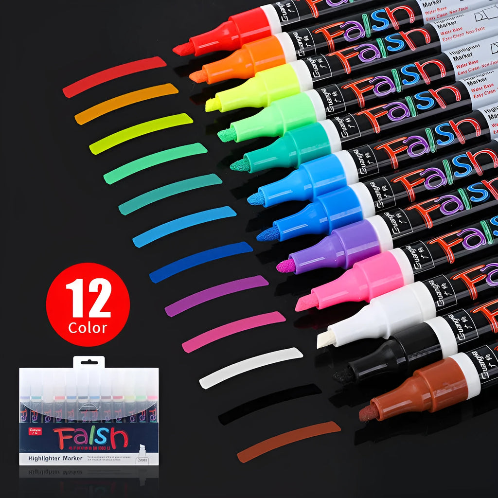 Electronic fluorescent plate highlighter with oblique tip and plastic shell in card packaging.