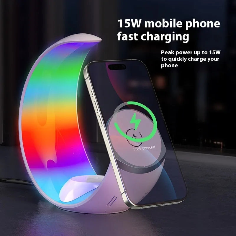 White 4-in-1 wireless charging ambient lamp with QC3.0 fast charging for phones watches headsets