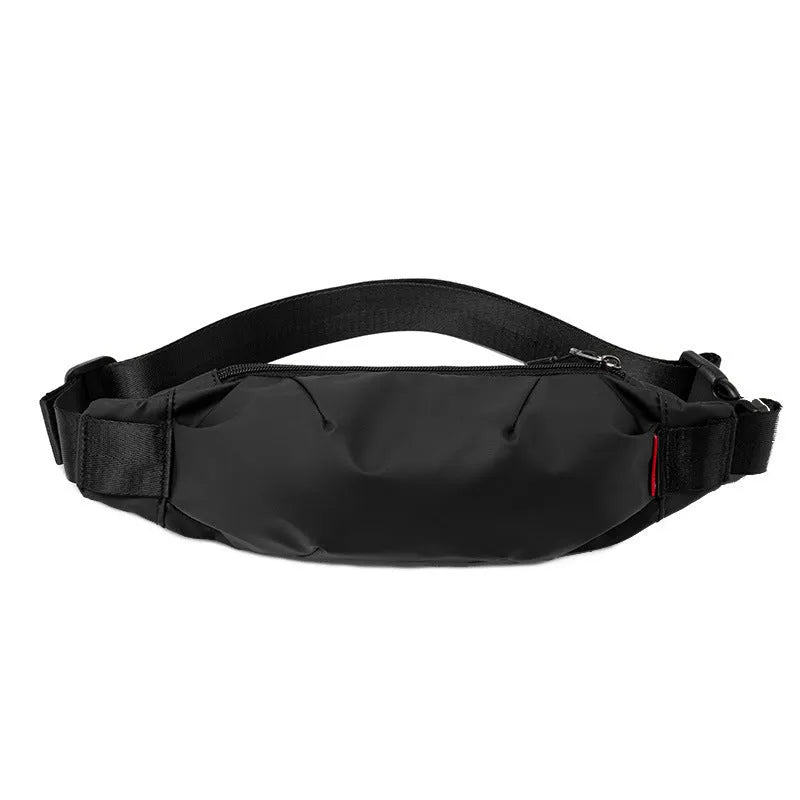 Black Oxford cloth crossbody waist pack with zip closure, shown with internal phone and ID pockets visible.