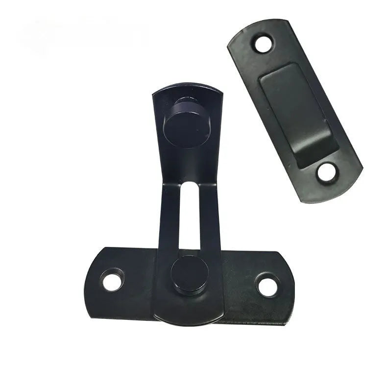 Black carbon steel sliding door hasp lock with a 90-degree buckle and flat shackle for barn doors.