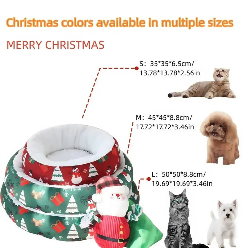 Christmas pet bed in red and green with snowman and tree prints, size S 35x35x6.5cm, made of flannel and Arctic fleece
