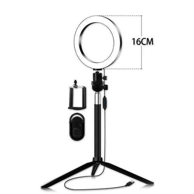 Self-Made Fill Light Artifact 5W LED ring light 20cm black with tripod and phone clip on desk