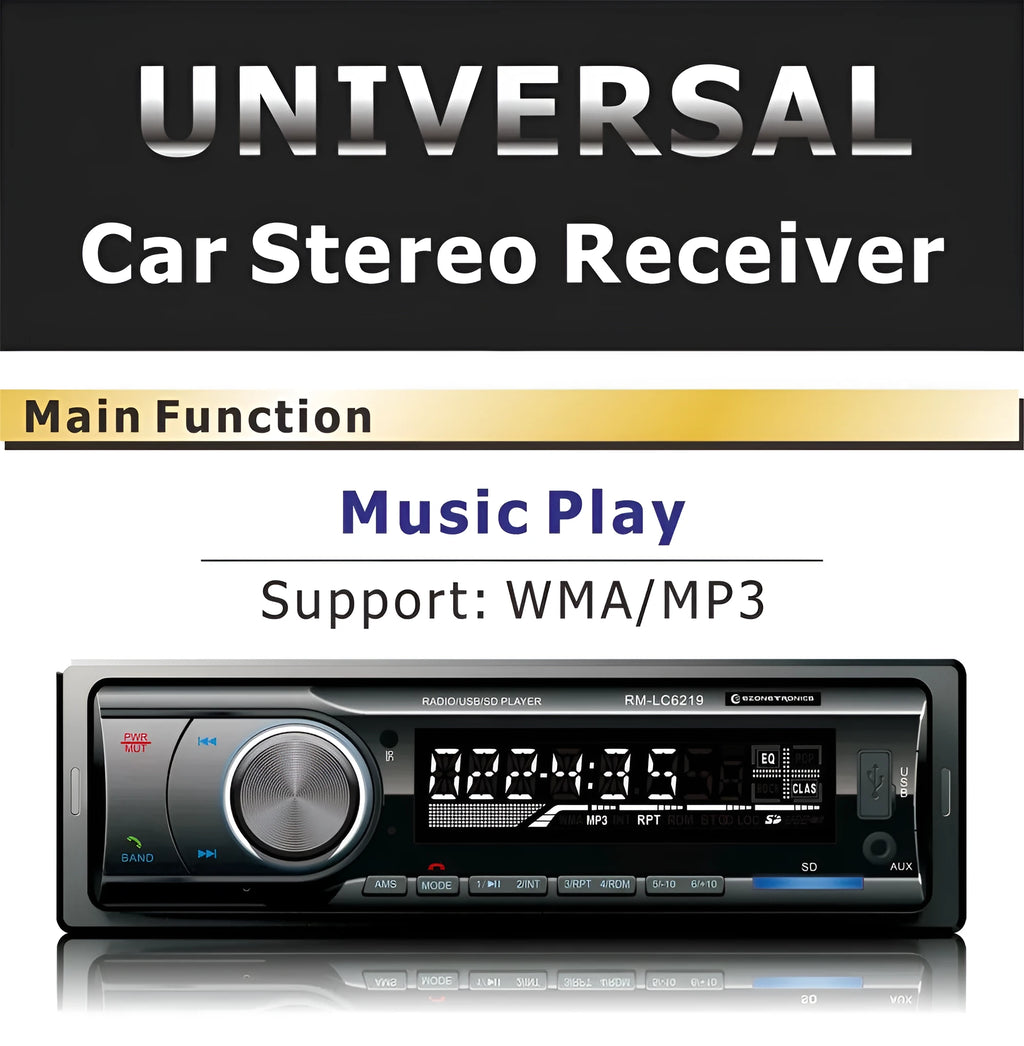 EZONETRONICS car stereo receiver with Bluetooth, USB and SD slots, front auxiliary input, and LCD display