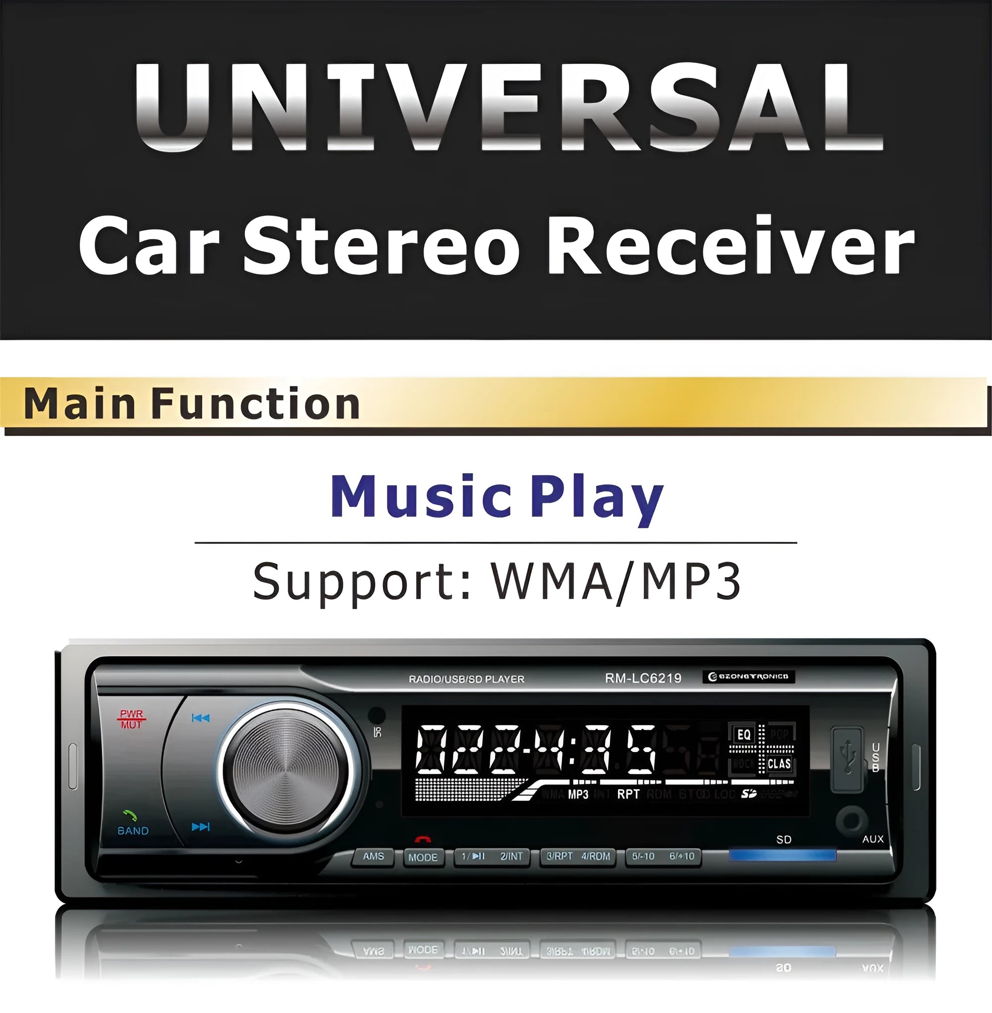 EZONETRONICS car stereo receiver with Bluetooth, USB and SD slots, front auxiliary input, and LCD display