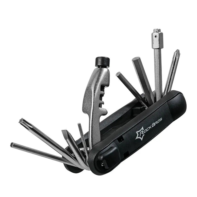 Mountain Cycle 16-in-1 carbon steel bicycle multi tool with socket wrenches and hex keys on a workbench