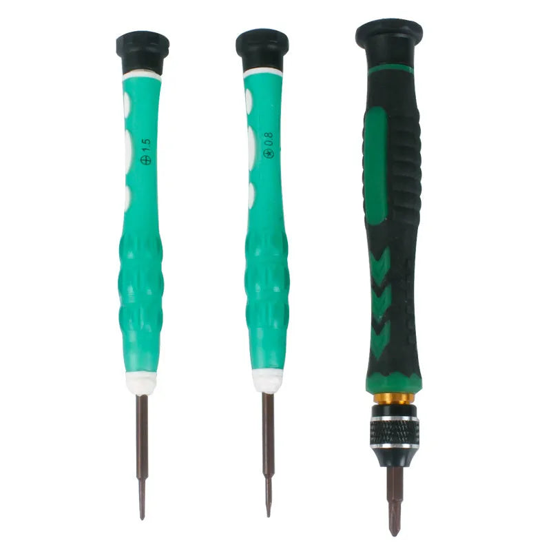 Screwdriver kit with S2 alloy bits in a compact storage case on a workbench