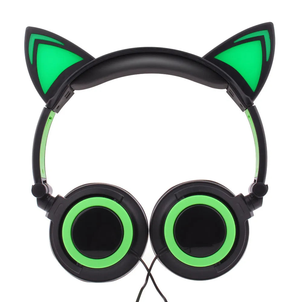 LED cat ear headphones showing illuminated blue ears and cushions on a black headband