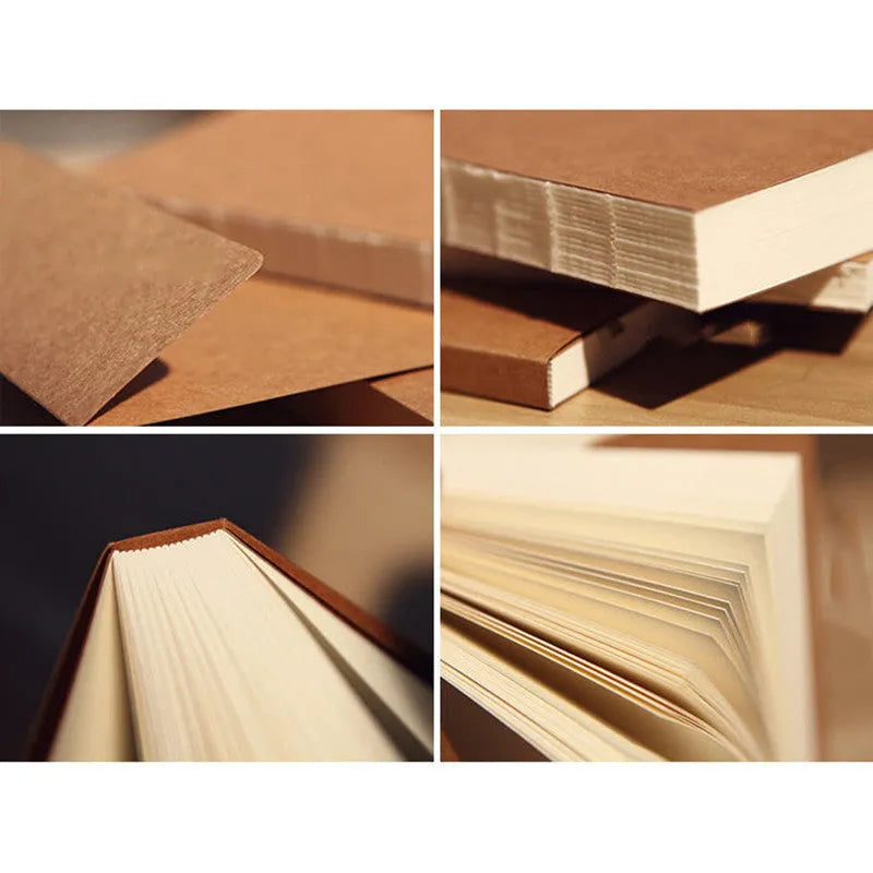 Brown and white kraft paper sketchbooks showing 16K and 32K sizes open to reveal drawing pages