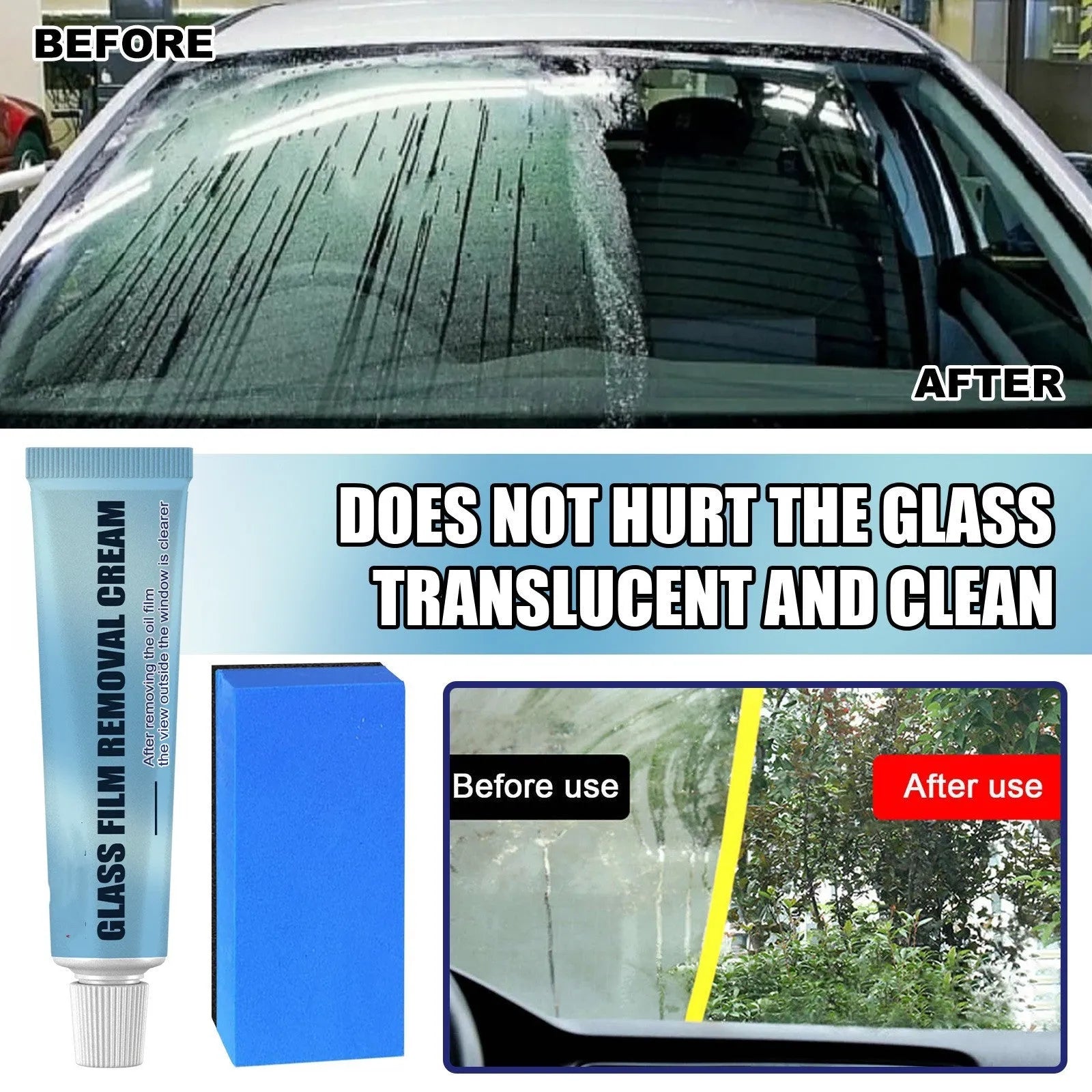 Blue car glass oil film remover pot and soft sponge applicator for cleaning windshields and windows.