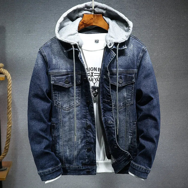 Men's thick denim hooded jacket with lapel collar in black, slim fit cotton winter coat