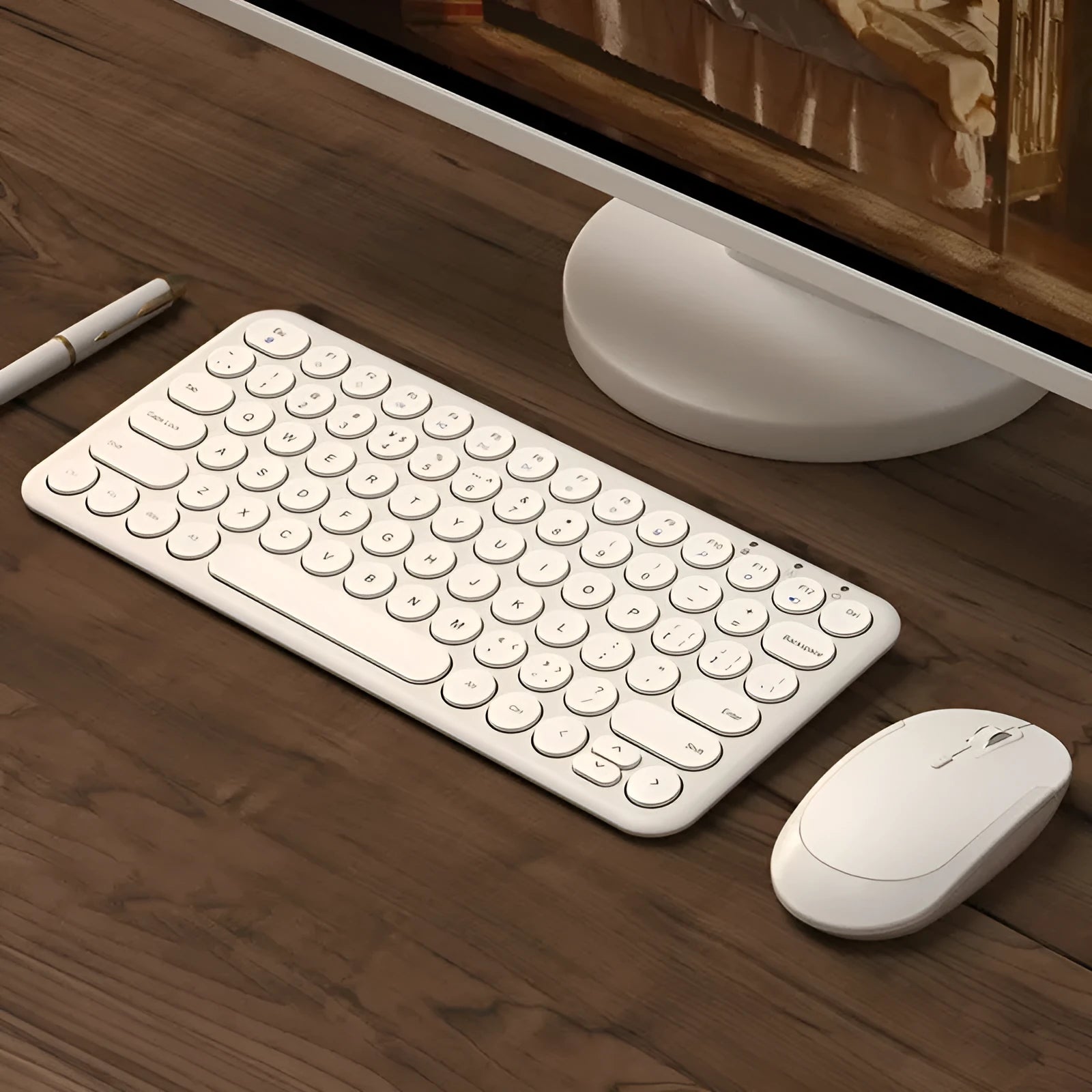 Ultra-thin wireless keyboard and 1000DPI mouse set in white, black, or pink colours.