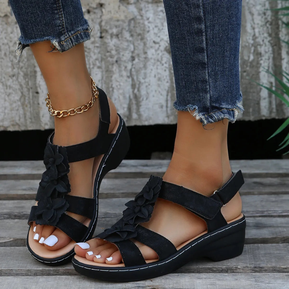 Women's fish mouth velcro wedge sandals in white PU upper with adjustable strap