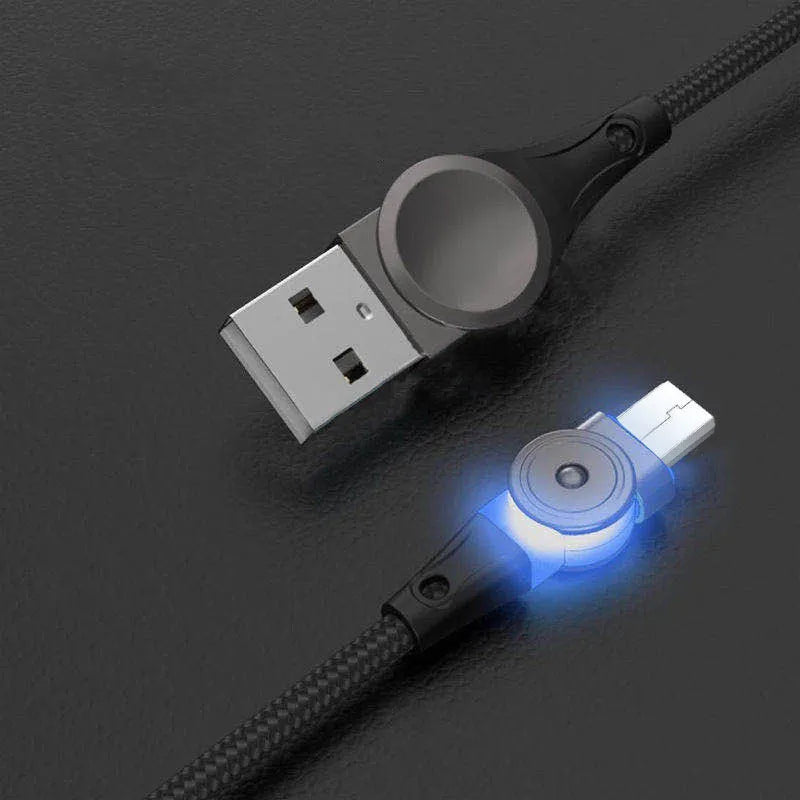 Black universal charging cable with zinc alloy rotating connectors for iPhone, Android, and Type-C phones