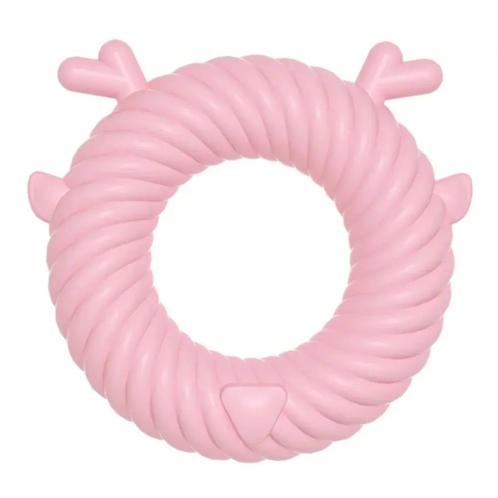 Deer-shaped blue dog chew toy with spiral grooves for teeth cleaning, shown next to a measuring tape indicating its 13cm size.