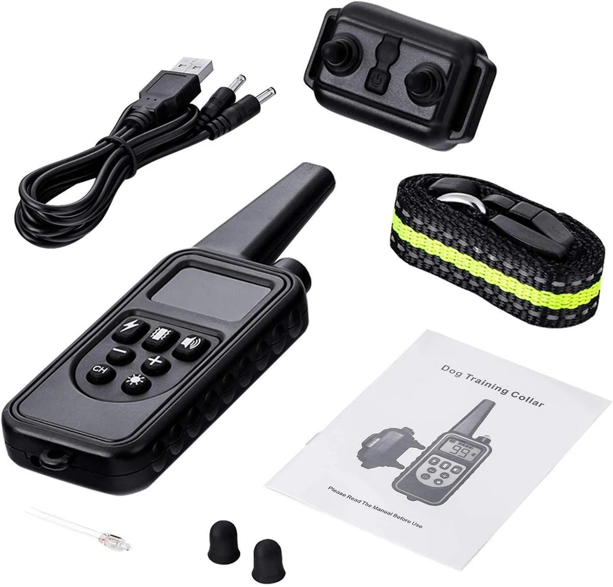800m remote dog training collar with IP67 waterproof receiver, blue backlight screen, and adjustable 67cm collar
